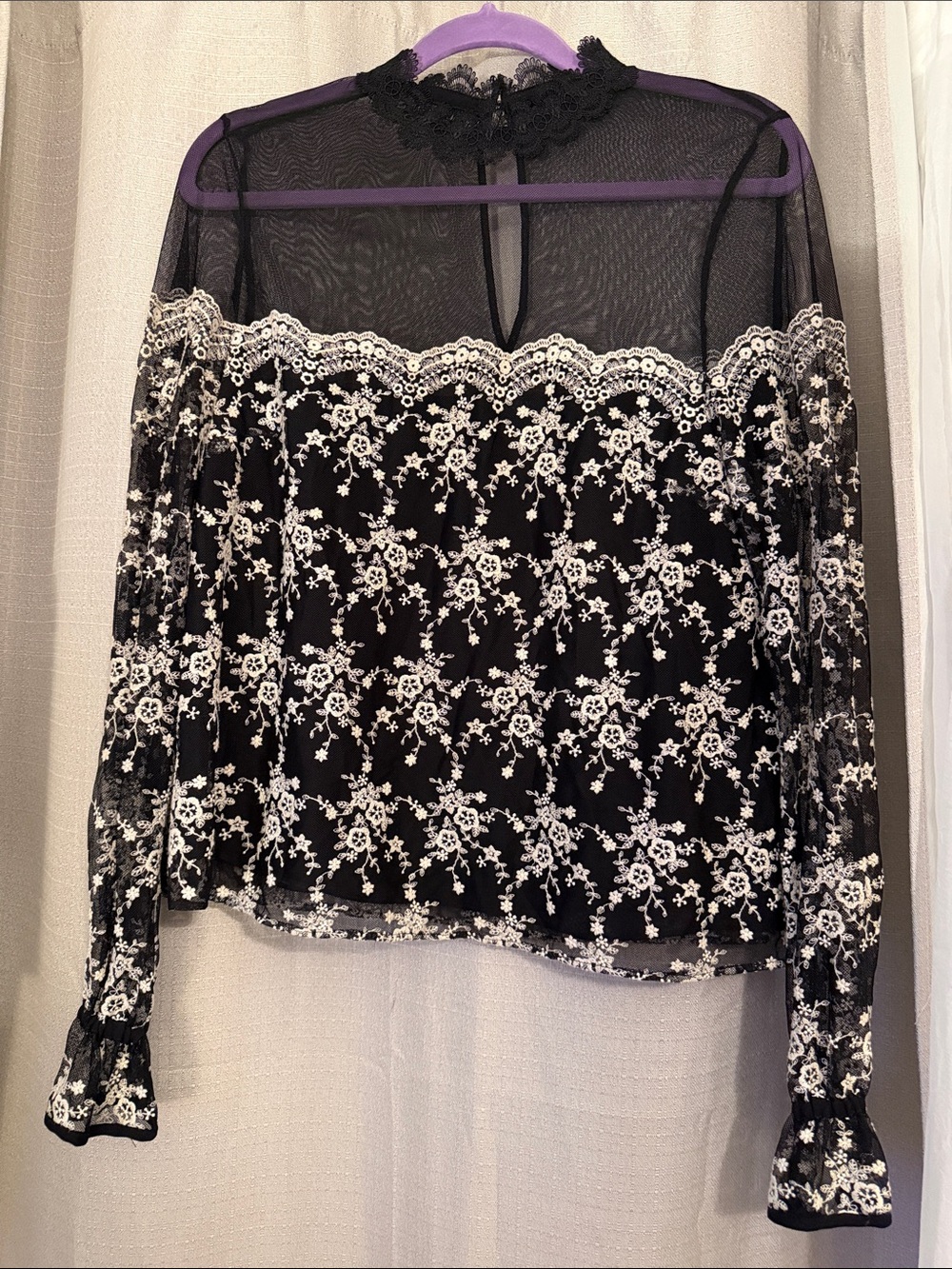 INTERMIX Black Sheer Lace Blouse with White Floral Embroidery